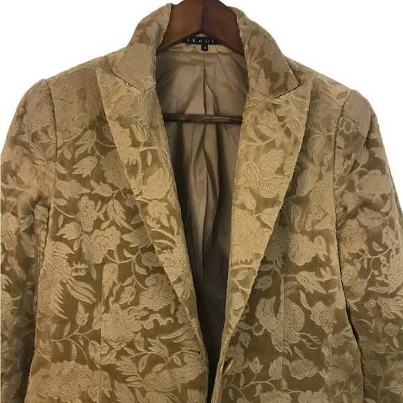 Theory Womens Crushed Velvet Blazer Size Medium Floral Baroque Gold Classic HTF